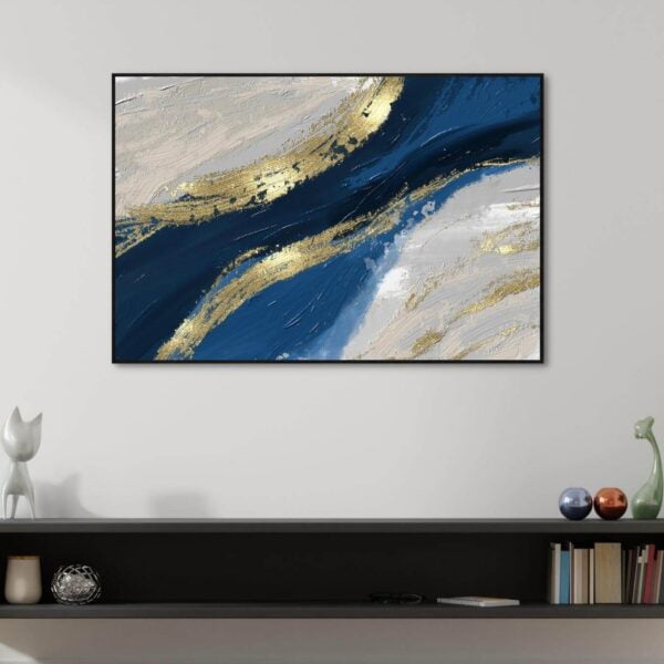 an abstract digital painting with grey, blue and gold colours printed on high quality canvas