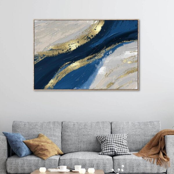 an abstract digital painting with grey, blue and gold colours printed on high quality canvas