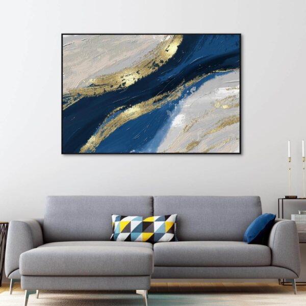 an abstract digital painting with grey, blue and gold colours printed on high quality canvas