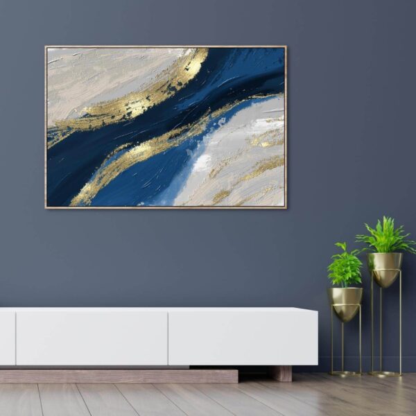 an abstract digital painting with grey, blue and gold colours printed on high quality canvas