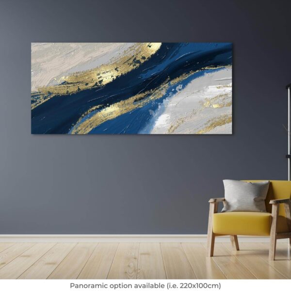 an abstract digital painting with grey, blue and gold colours printed on high quality canvas