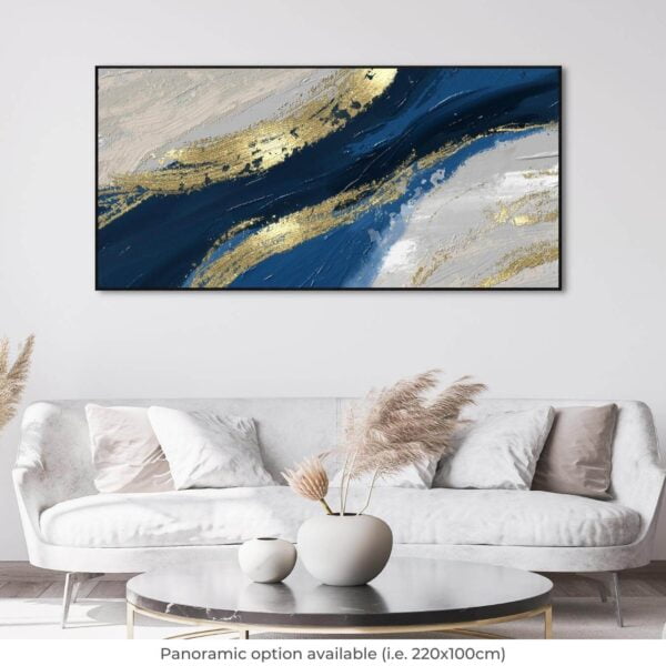 an abstract digital painting with grey, blue and gold colours printed on high quality canvas