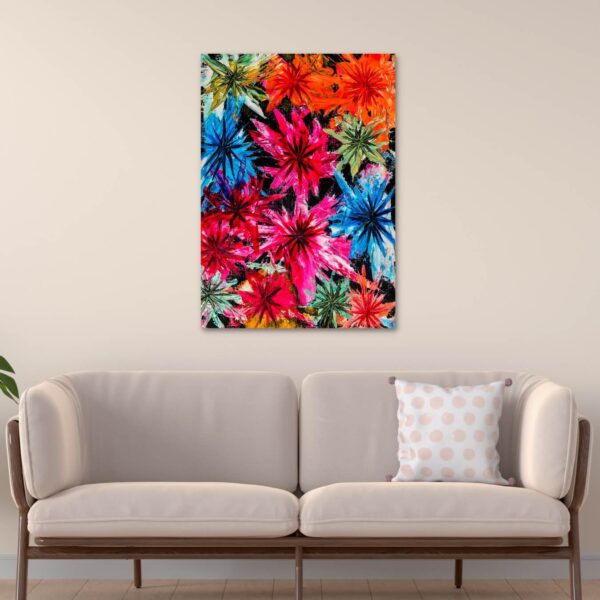 abstract painting of flowers in orange red and blue colours ready for canvas printing.