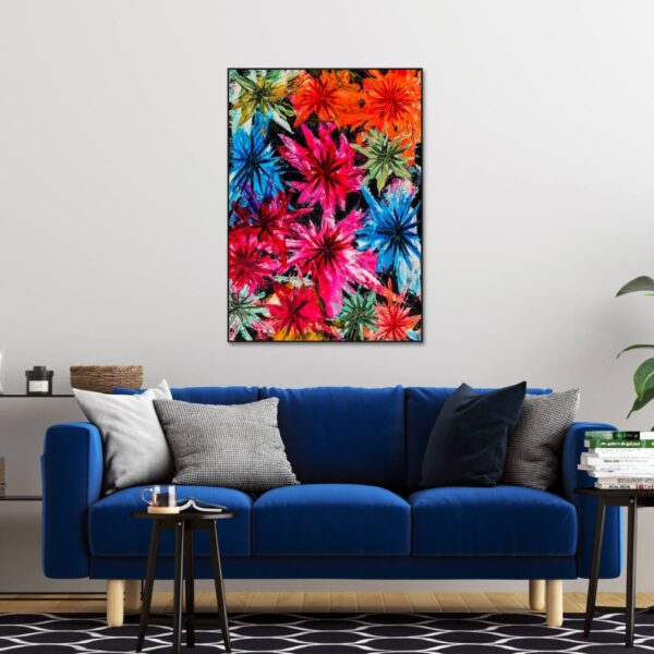 abstract painting of flowers in orange red and blue colours ready for canvas printing.