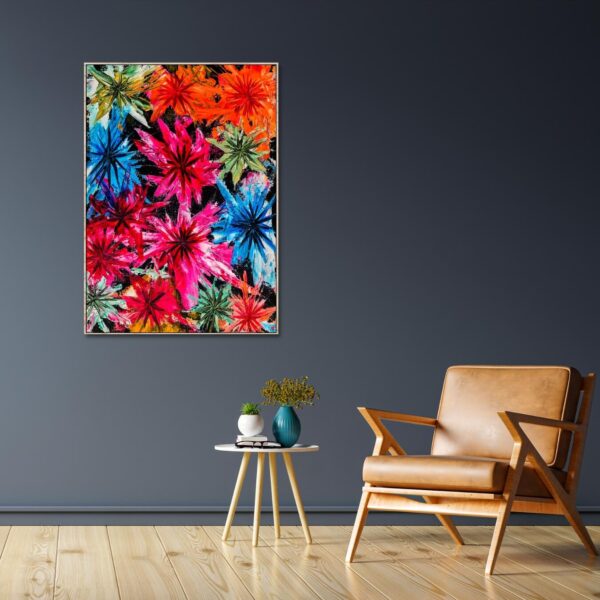 abstract painting of flowers in orange red and blue colours ready for canvas printing.