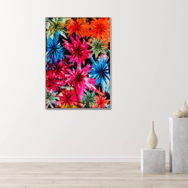 abstract painting of flowers in orange red and blue colours ready for canvas printing.