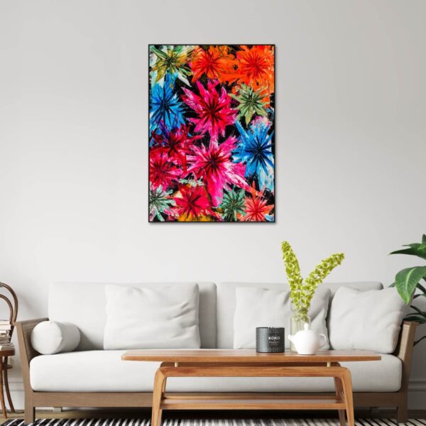 abstract painting of flowers in orange red and blue colours ready for canvas printing.