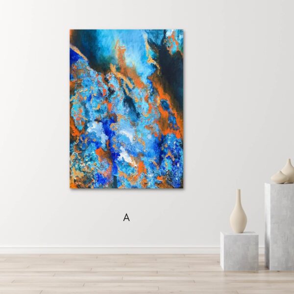 abstract painting of emotions in colours of blue and orange represents calmness and relaxation with a mix of warmth and enthusiasm