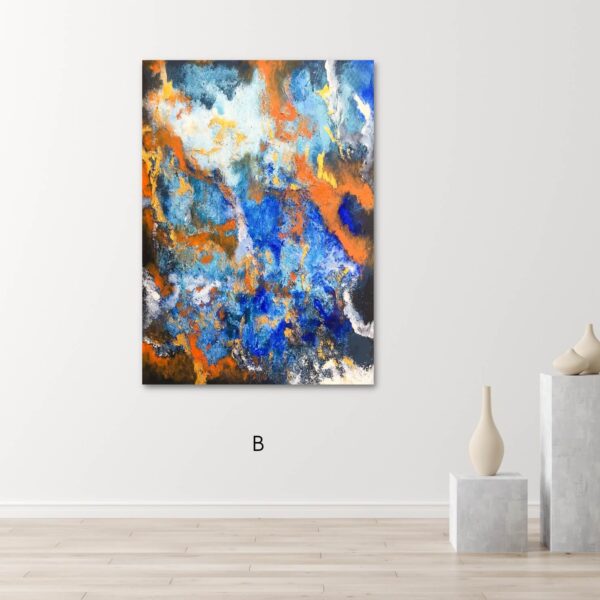 abstract painting of emotions in colours of blue and orange represents calmness and relaxation with a mix of warmth and enthusiasm