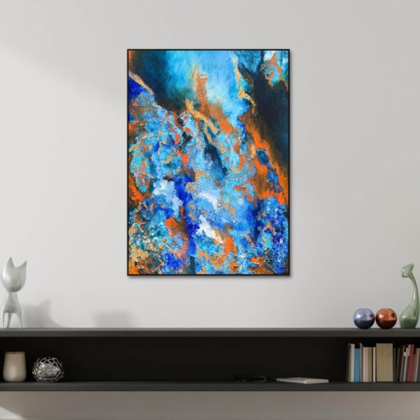 abstract painting of emotions in colours of blue and orange represents calmness and relaxation with a mix of warmth and enthusiasm