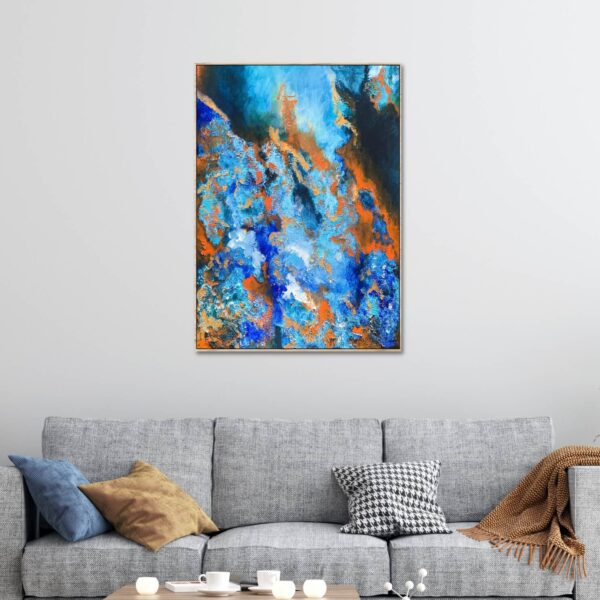 abstract painting of emotions in colours of blue and orange represents calmness and relaxation with a mix of warmth and enthusiasm