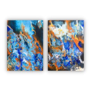 abstract painting of emotions in colours of blue and orange represents calmness and relaxation with a mix of warmth and enthusiasm