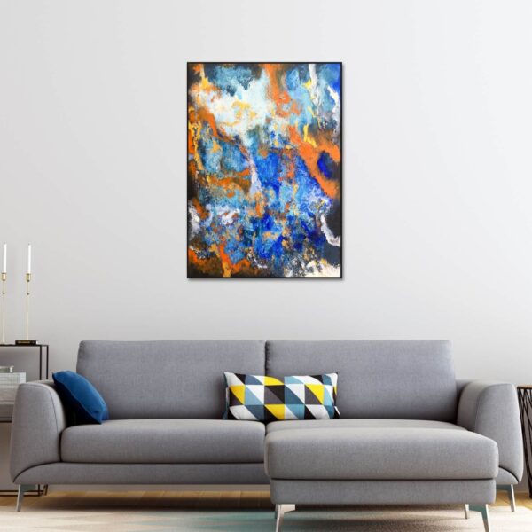 abstract painting of emotions in colours of blue and orange represents calmness and relaxation with a mix of warmth and enthusiasm