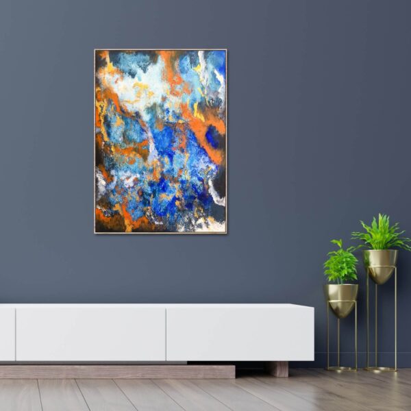 abstract painting of emotions in colours of blue and orange represents calmness and relaxation with a mix of warmth and enthusiasm