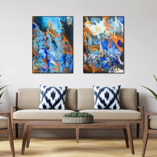 abstract painting of emotions in colours of blue and orange represents calmness and relaxation with a mix of warmth and enthusiasm