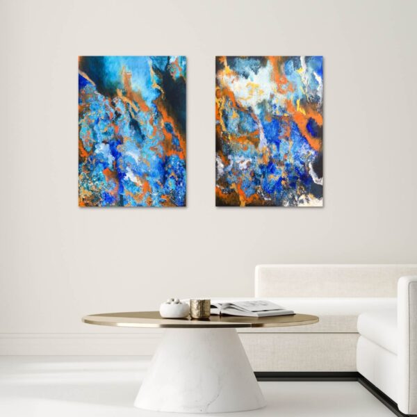 abstract painting of emotions in colours of blue and orange represents calmness and relaxation with a mix of warmth and enthusiasm