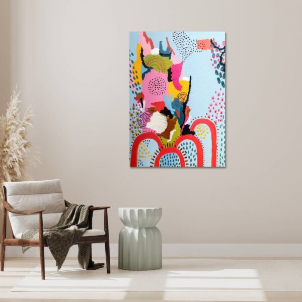 a canvas artwork of modern abstract with funky colourful blend of shapes and colours