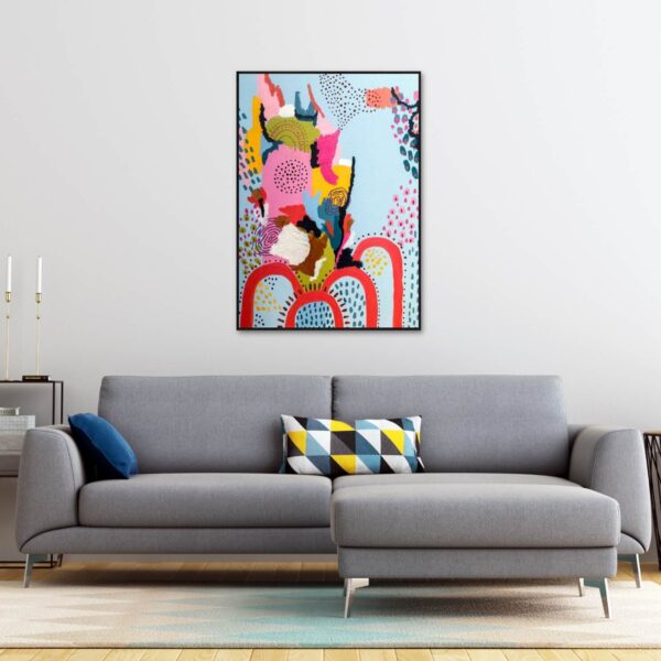 a canvas artwork of modern abstract with funky colourful blend of shapes and colours