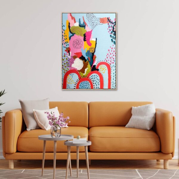 a canvas artwork of modern abstract with funky colourful blend of shapes and colours