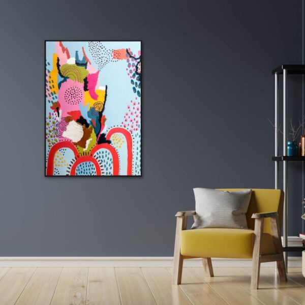 a canvas artwork of modern abstract with funky colourful blend of shapes and colours