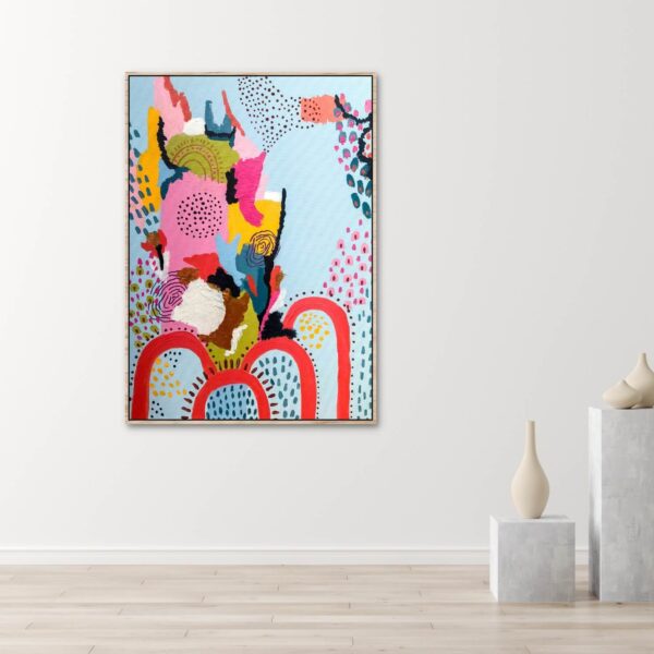 a canvas artwork of modern abstract with funky colourful blend of shapes and colours