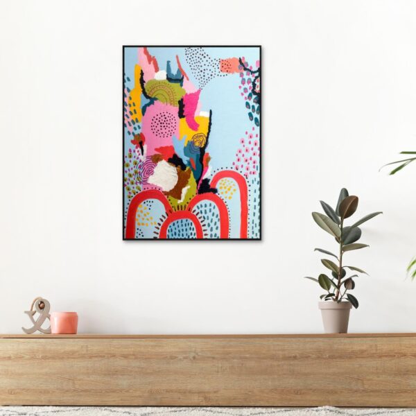 a canvas artwork of modern abstract with funky colourful blend of shapes and colours