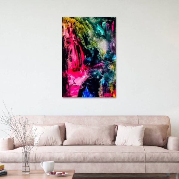 Abstract painting in bright colours of pink blue and green