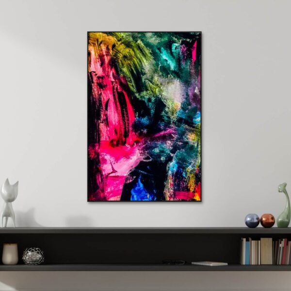 Abstract painting in bright colours of pink blue and green