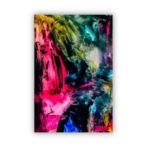 Abstract painting in bright colours of pink blue and green