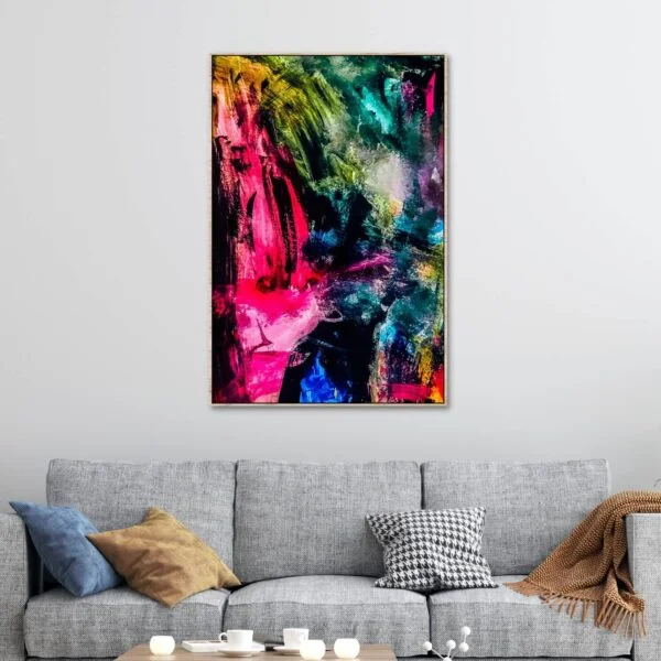 Abstract painting in bright colours of pink blue and green