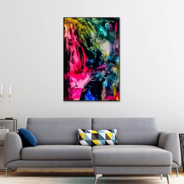 Abstract painting in bright colours of pink blue and green