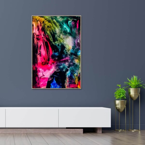 Abstract painting in bright colours of pink blue and green