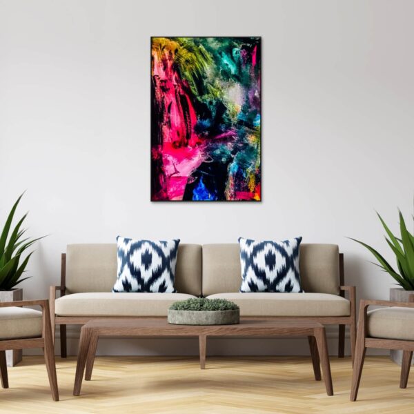 Abstract painting in bright colours of pink blue and green