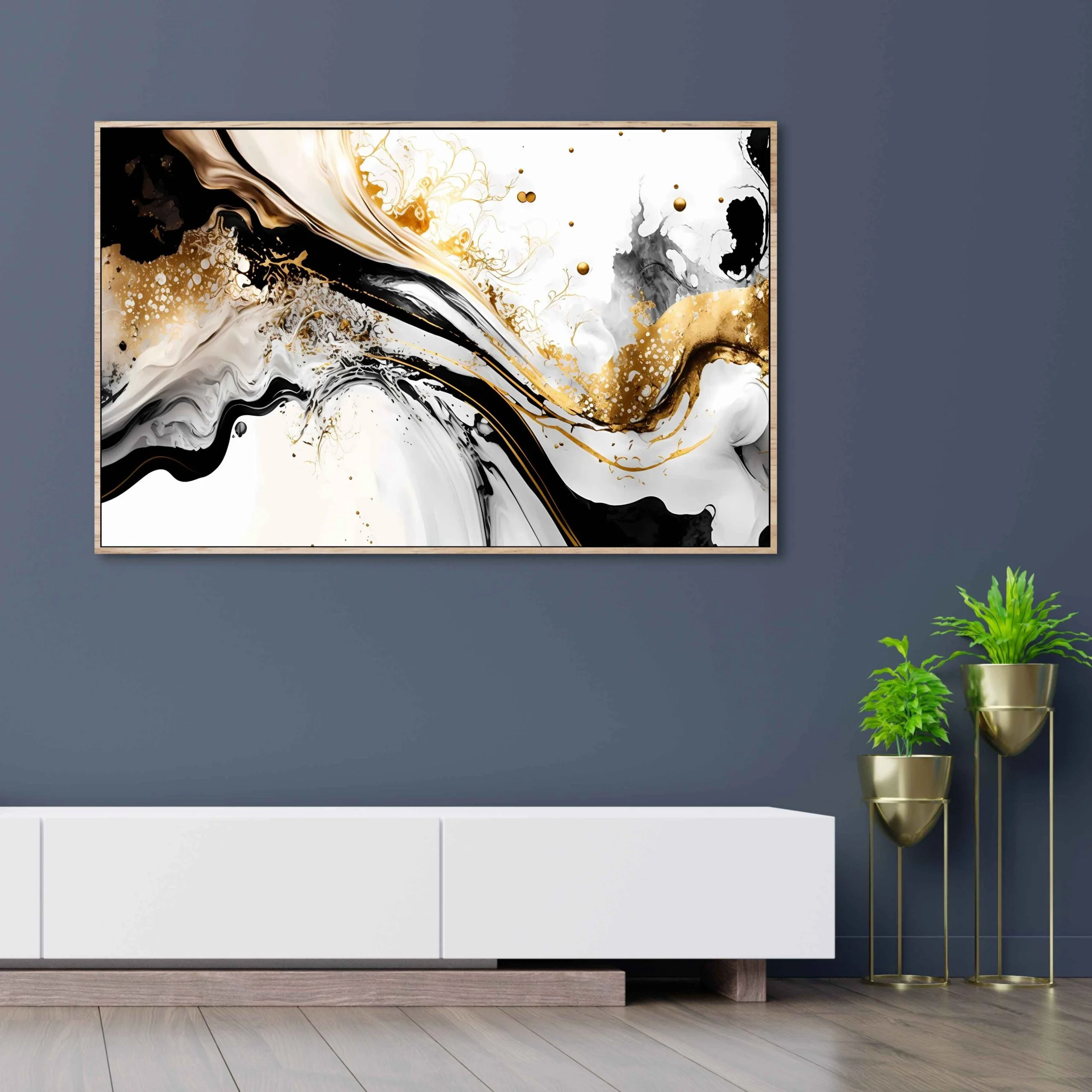 canvas print of abstract design with black grey and gold colours