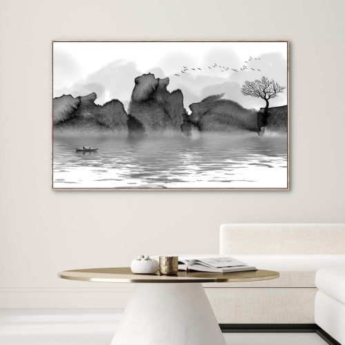 Black and white canvas artwork of landscape painting of mountain and river