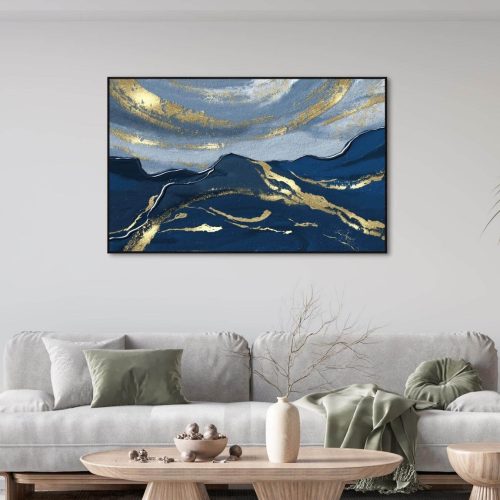 An elegant abstract painting with blue and gold colours on canvas print